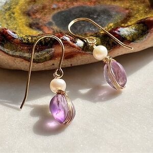 Wire Wrapped Amethyst Pearl Drop Earrings - Chubby Oval Gemstone
